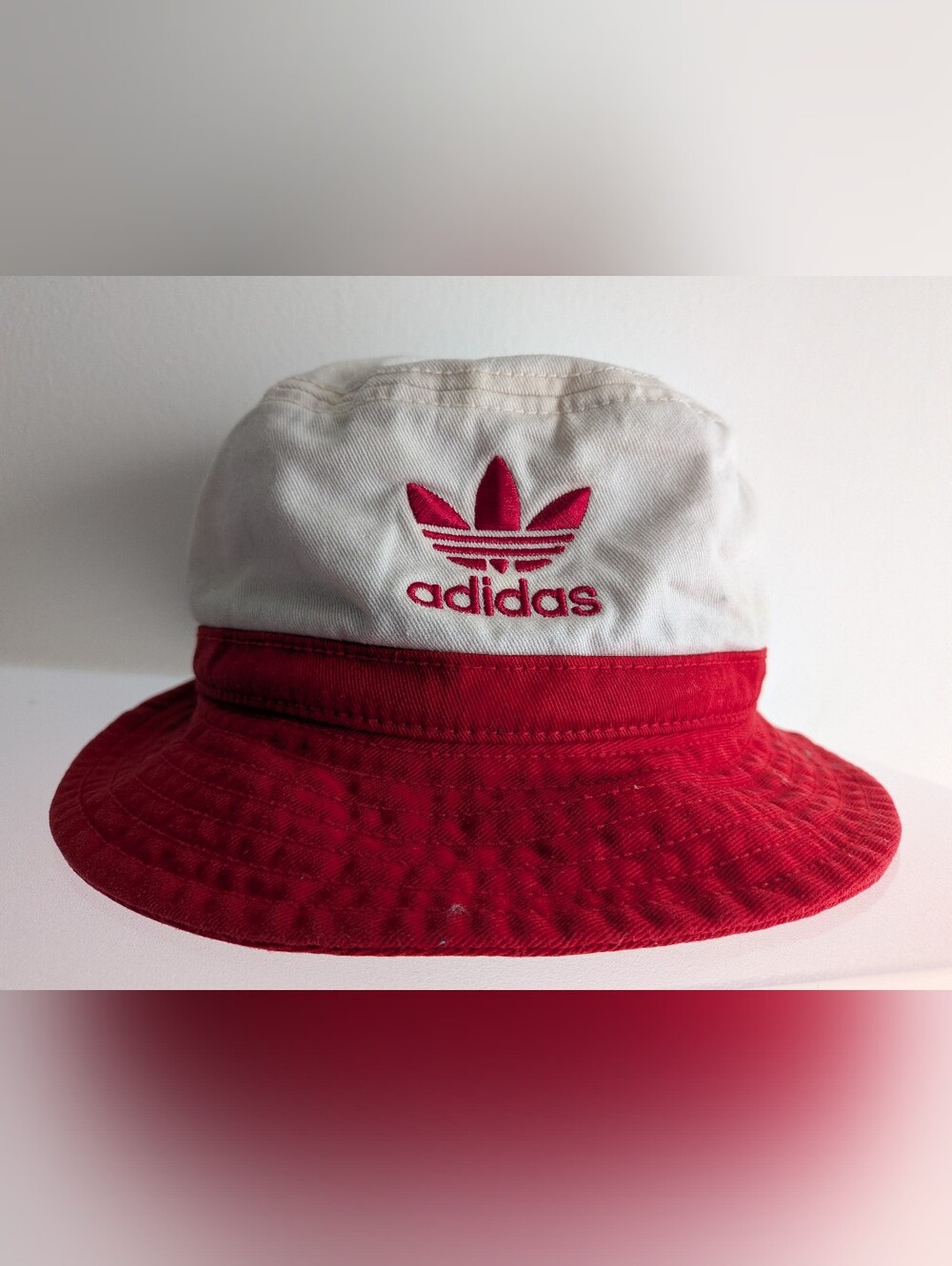 Adidas Two Tone Red And White Bucket Hat with Trefoil Logo